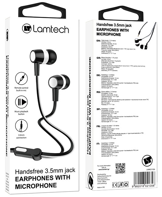 LAMTECH HANDSFREE WITH MIC 3,5MM JACK BLACK