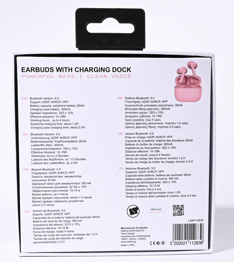 LAMTECH BLUETOOTH 5.0 TWS EARPHONES WITH CHARGING DOCK PINK