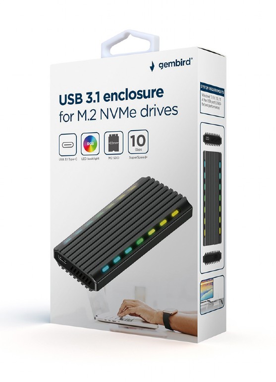 GEMBIRD USB3,1 ENCLOSURE FOR M.2 NVMe DRIVES BACKLIGHTED ALUMINUM