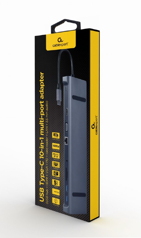 CABLEXPERT USB-C 10IN1 MULTI-PORT ADAPTER (USB HUB+HDMI+VGA+PD+CARD READER+LAN+3.5MM) SPACE GREY