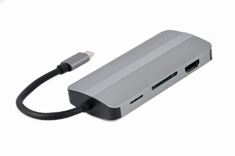 CABLEXPERT USB TYPE-C 8IN1 MULTI-PORT ADAPTER (HUB+HDMI+VGA+PD+CARD READER+STEREO AUDIO) SILVER