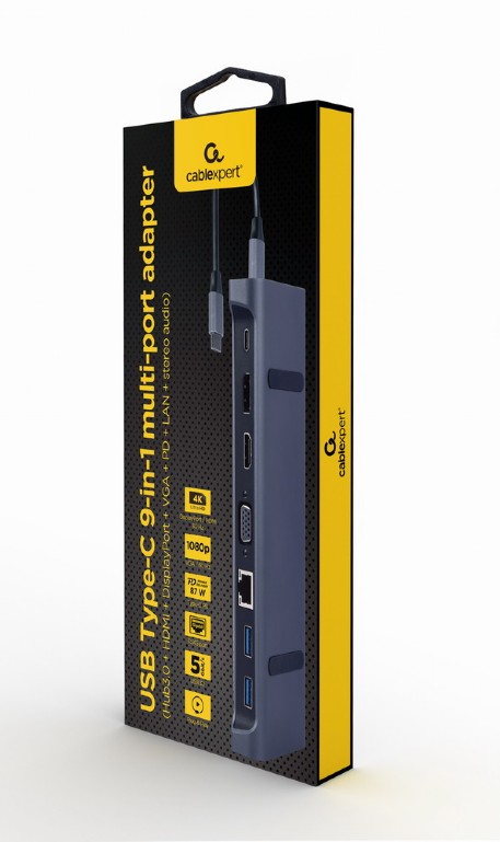 CABLEXPERT USB TYPE-C 9IN1 MULTI-PORT ADAPTER (HUB3.0+HDMI+DISPLAYPORT+VGA+PD+LAN+STEREO AUDIO)