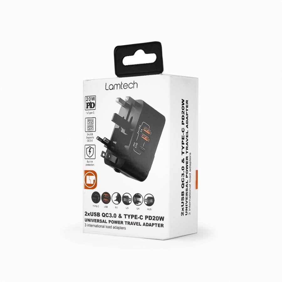 LAMTECH UNIVERSAL POWER TRAVEL ADAPTER 2XUSB 1XTYPE-C 20W BLACK