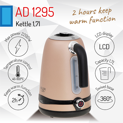 ADLER 1,7L STEEL ELECTRIC KETTLE WITH LCD AND TEMPERATURE CONTROL GOLD