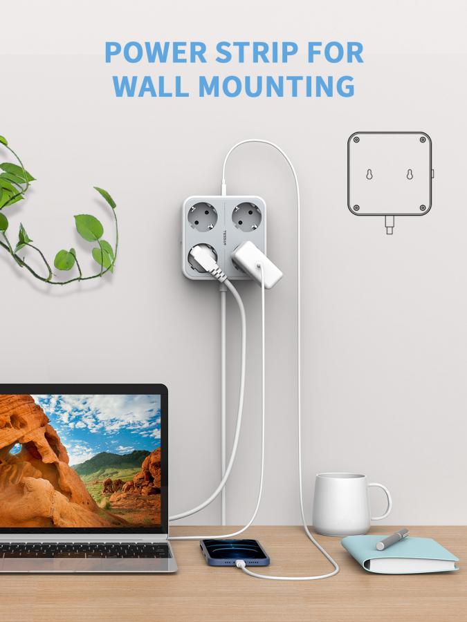 TESSAN 7 IN 1 POWER STRIP 4xSCHUKO, 2xUSB, 1xTYPE-C, 2M CABLE