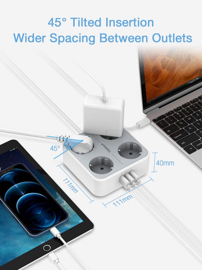 TESSAN 7 IN 1 POWER STRIP 4xSCHUKO, 2xUSB, 1xTYPE-C, 2M CABLE