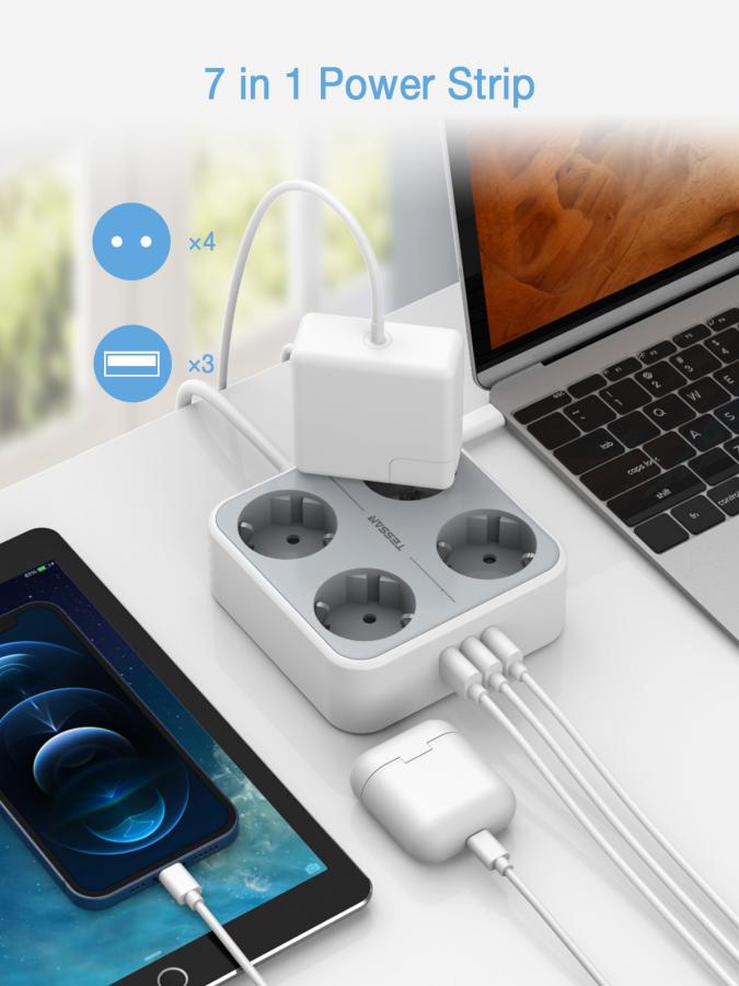 TESSAN 7 IN 1 POWER STRIP 4xSCHUKO, 2xUSB, 1xTYPE-C, 2M CABLE