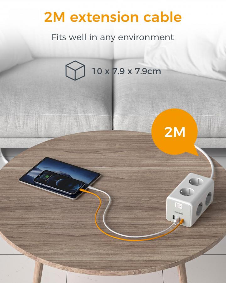 TESSAN 9 IN 1 CUBOID POWER STRIP 6xSCHUKO, 2xUSB, 1xTYPE-C, 2M CABLE