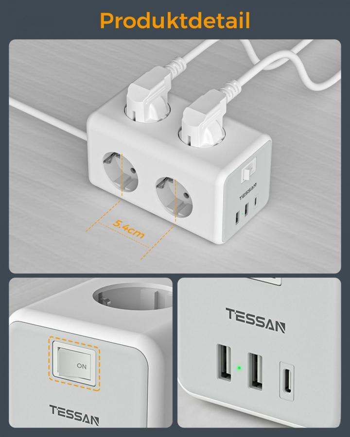 TESSAN 9 IN 1 CUBOID POWER STRIP 6xSCHUKO, 2xUSB, 1xTYPE-C, 2M CABLE