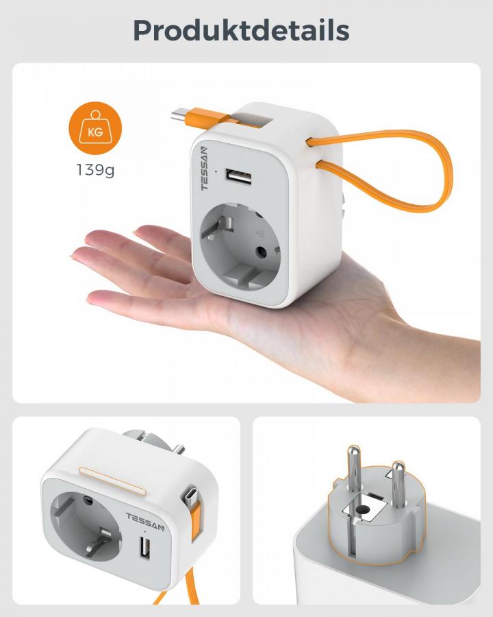TESSAN 3 IN 1 WALL SOCKET 1xSCHUKO, 1xUSB, 1xTYPE-C CABLE 15CM