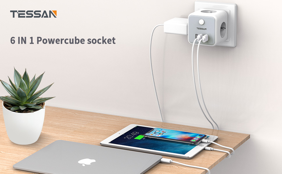TESSAN 6 IN 1 POWERCUBE SOCKET 3xSCHUKO, 2xUSB, 1xTYPE-C