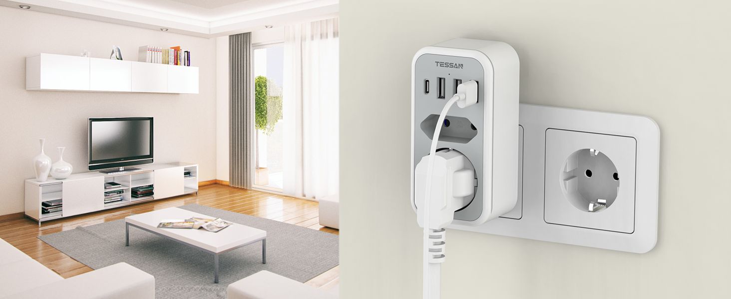 TESSAN 6 IN 1 WALL SOCKET 1xSCHUKO, 1xEU SOCKET ,3xUSB, 1xTYPE-C