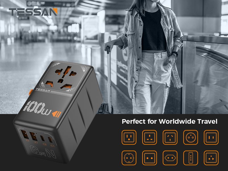 TESSAN GaN UNIVERSAL TRAVEL ADAPTER 2xUSB, 2xTYPE-C MAX 100W