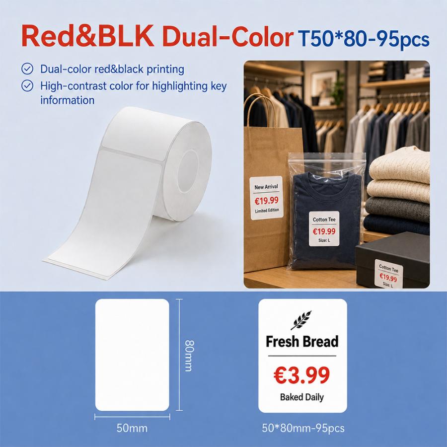 NIIMBOT THERMAL LABEL T50*80-95 RED&BLACK DUAL COLOR WHITE