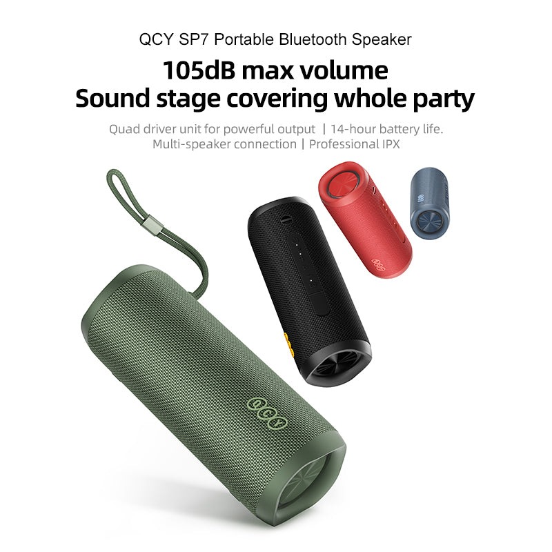 QCY SP7 Green -  Portable Bluetooth Speaker w Stereo Sound 40W, Mic for Calls, RGB Light Show