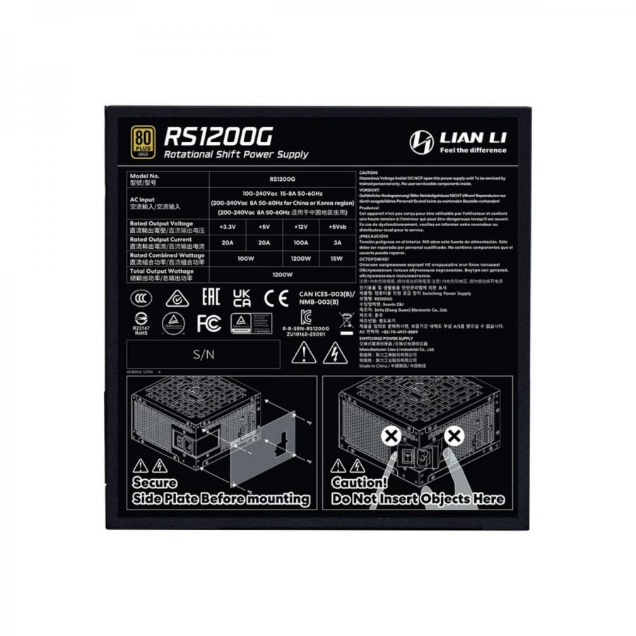 Lian Li RS1200W Black - 1200 Watt 80+ Gold PSU - 12V-2x6 Colored Cable - RS Hub - Fully Modular