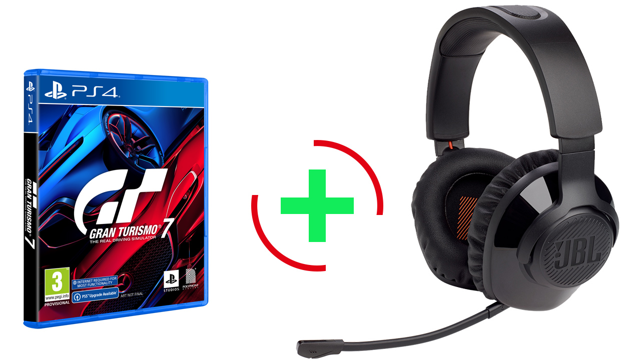 Gran Turismo 7 PS4 + JBL Quantum 350, Over-Ear Wireless 2.4Ghz Gaming Headset, (Black)