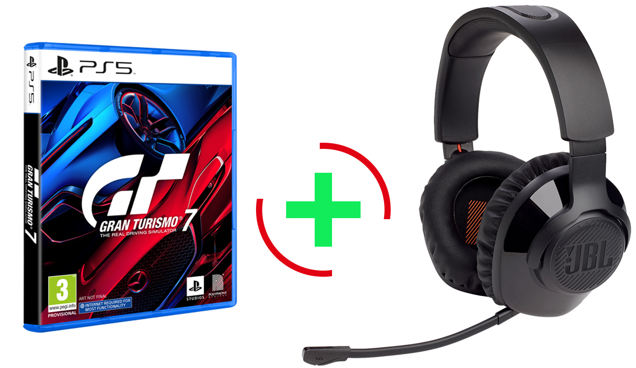 Gran Turismo 7 PS5 + JBL Quantum 350, Over-Ear Wireless 2.4Ghz Gaming Headset, (Black)