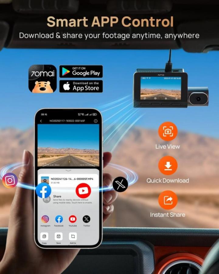 70mai Dash Cam 4K T800 & 1080 Rear Cam. & 128GB SD 3-Channel w/ Dual 4K, IMX678,  AI Detection