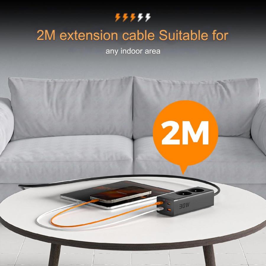 TESSAN 6 IN 1 POWER STRIP 2xSCHUKO 2xUSB 2xTYPE-C 30W WITH CABLE 2M BLACK