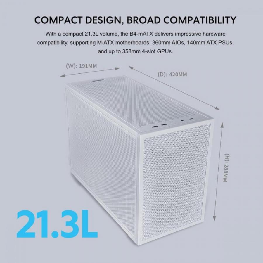 Lian Li Dan-B4 White - mATX Mesh - PC Gaming Case - 2x 120mm Fans Included - GPU Support 358.9mm