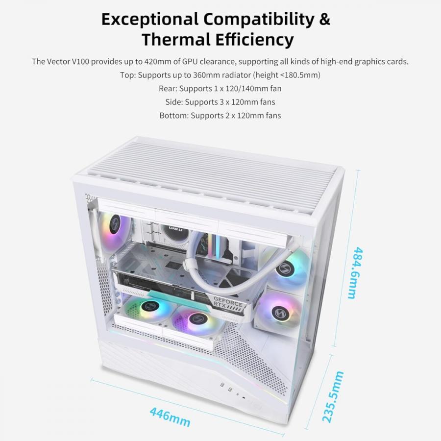 Lian Li Vector V100 White - 4 x 120mm ARGB - LED RGB Strip - Tempered Glass - ATX Case