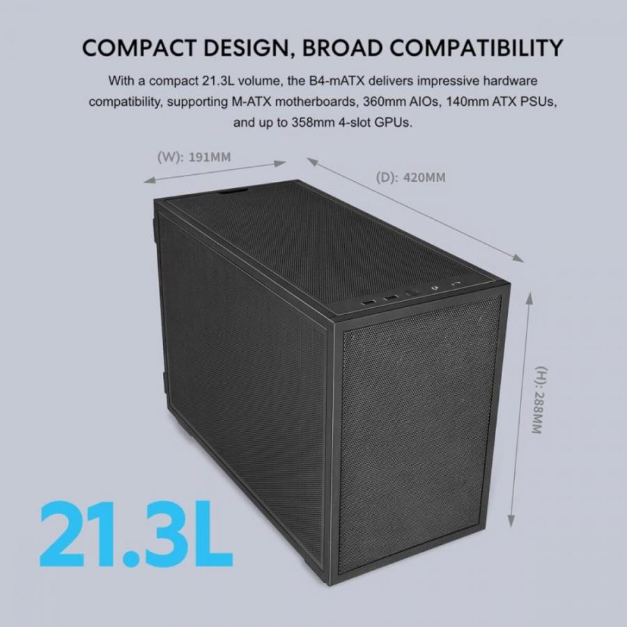 Lian Li Dan-B4 Black - mATX Mesh - PC Gaming Case - 2x 120mm Fans Included - GPU Support 358.9mm