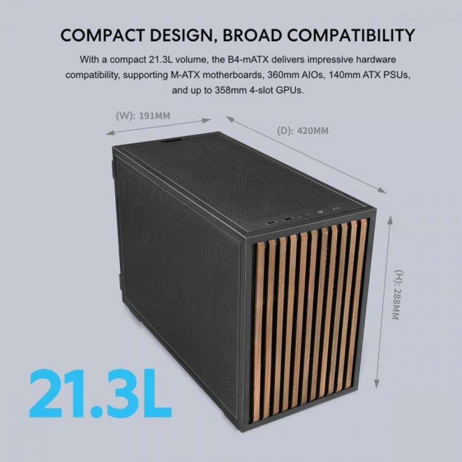 Lian Li Dan-B4 Wood Black - mATX Mesh - PC Gaming Case - 2x 120 Fans Included - GPU Support 358.9mm