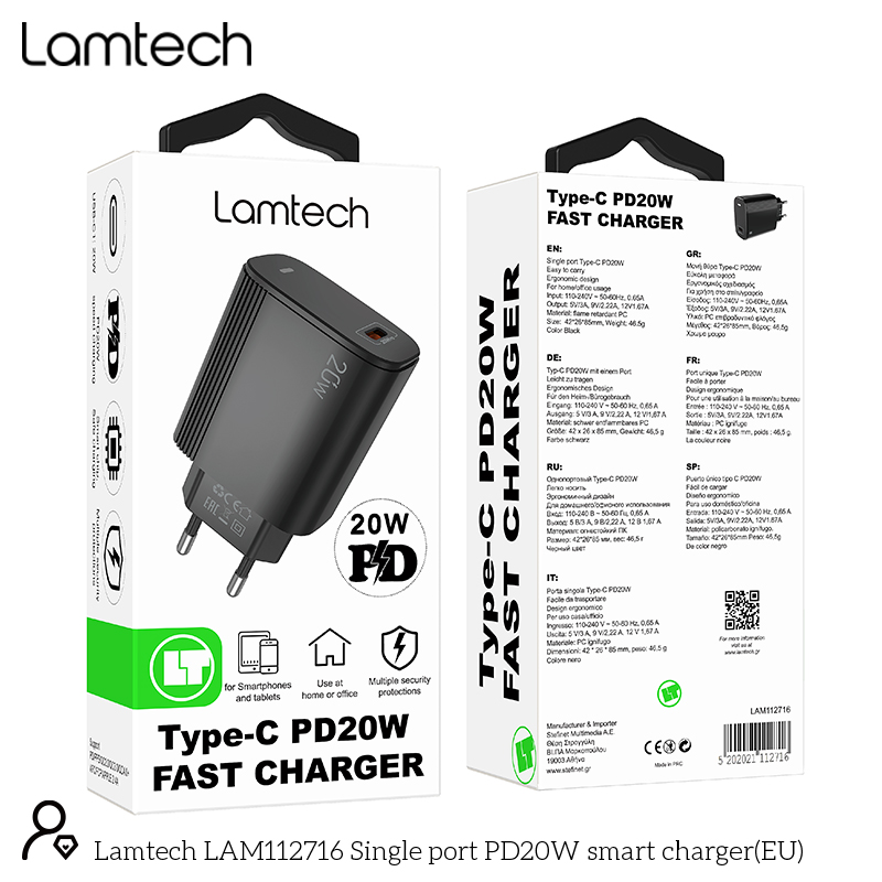 LAMTECH FAST CHARGER TYPE-C PD20W BLACK