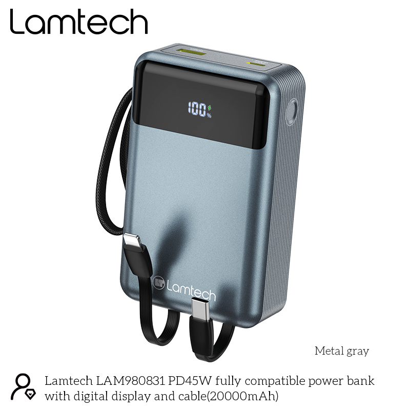 LAMTECH POWERBANK 20000MAH WITH TYPE-C AND LIGHTNING BUILT-IN CABLES QC3.0 PD45W