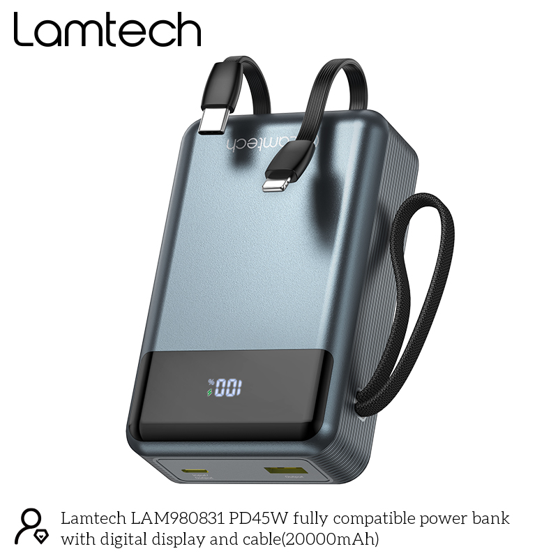 LAMTECH POWERBANK 20000MAH WITH TYPE-C AND LIGHTNING BUILT-IN CABLES QC3.0 PD45W
