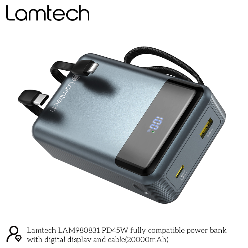 LAMTECH POWERBANK 20000MAH WITH TYPE-C AND LIGHTNING BUILT-IN CABLES QC3.0 PD45W