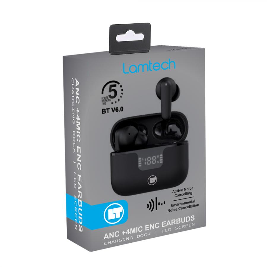 LAMTECH BT v6.0 EARBUDS ANC & 4MIC ENC WITH LED CHARGING CASE BLACK