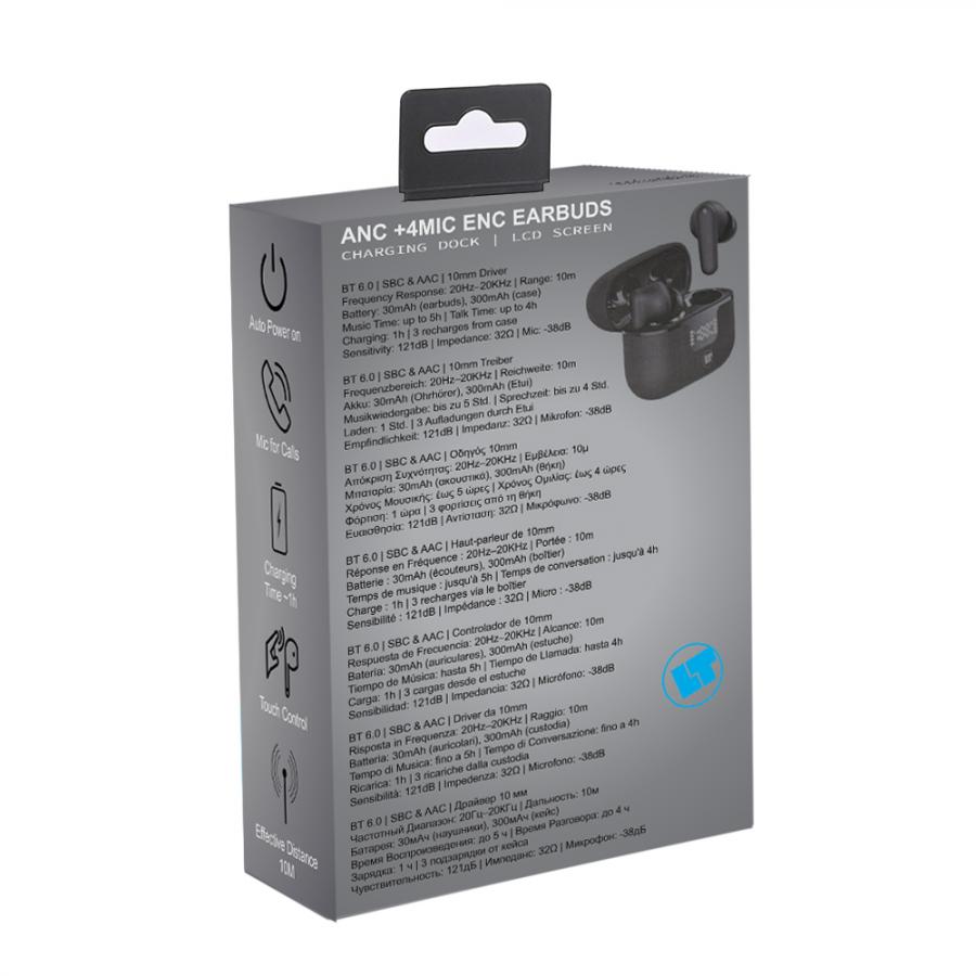 LAMTECH BT v6.0 EARBUDS ANC & 4MIC ENC WITH LED CHARGING CASE BLACK