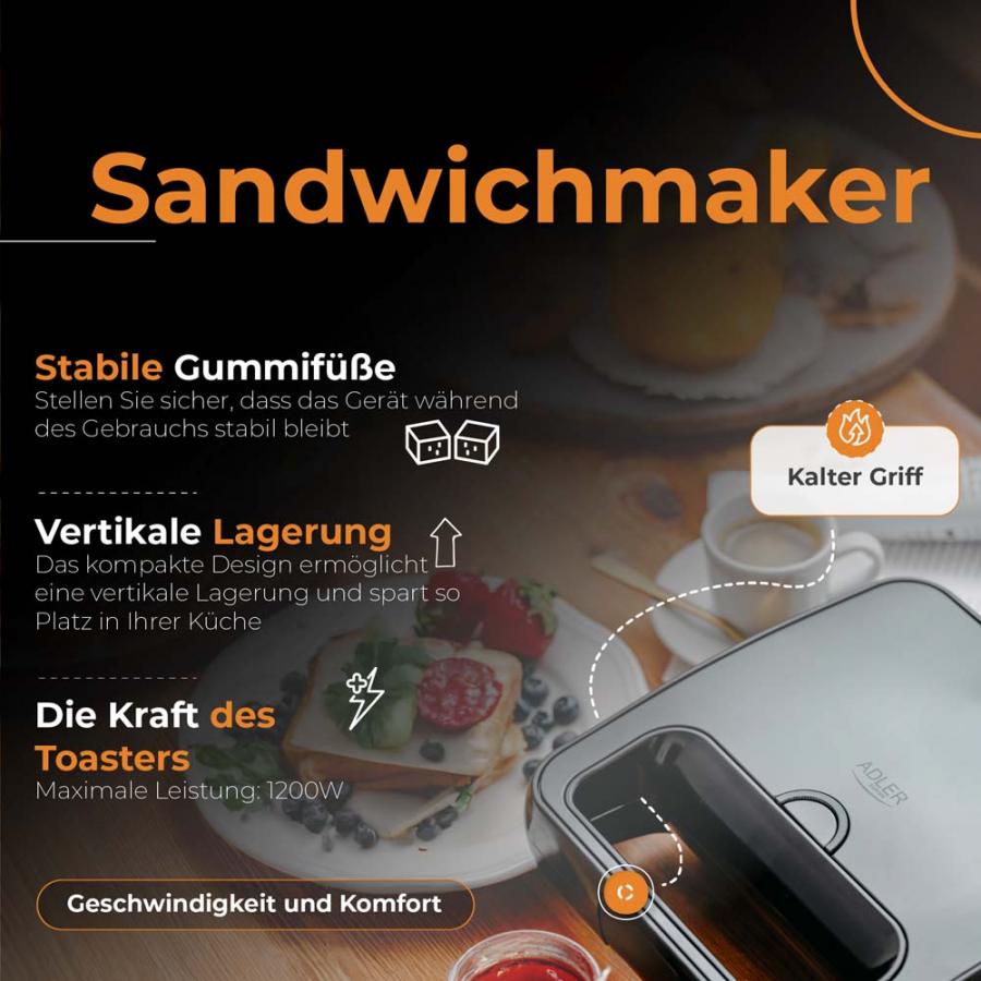 ADLER SANDWICH MAKER 1200W BLACK