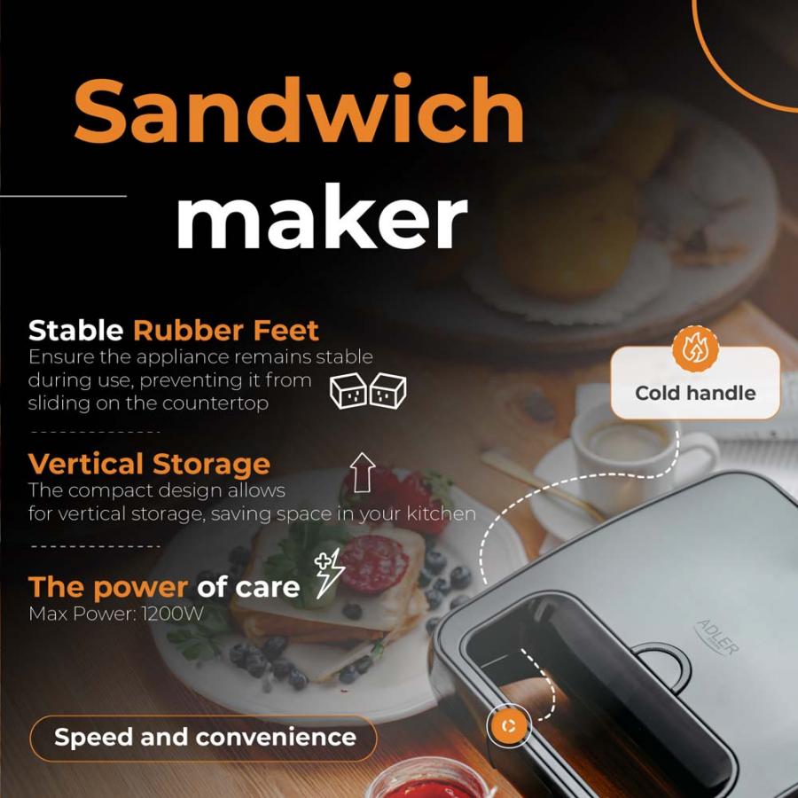ADLER SANDWICH MAKER 1200W BLACK