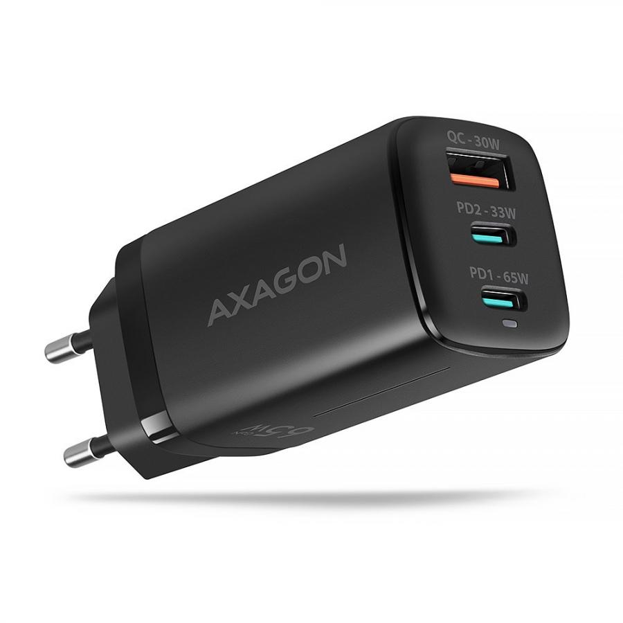 AXAGON ACU-DPQ65 GAN WALL CHARGER, 3X PORT (USB + DUAL USB-C), PD3.0/QC4+/PPS/APPLE, 65W, BLACK
