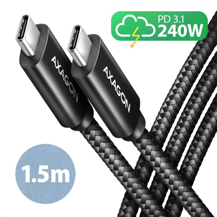 AXAGON BUCM2-CM15AB CHARGE CABLE USB-C  USB-C 2.0, 1.5M, PD 240W 5A, ALU, BRAID, BLACK