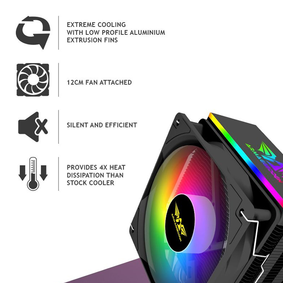 ARMAGGEDDON ARGB SILENT 12CM CPU COOLING FAN 4 HEAT PIPES BLACK