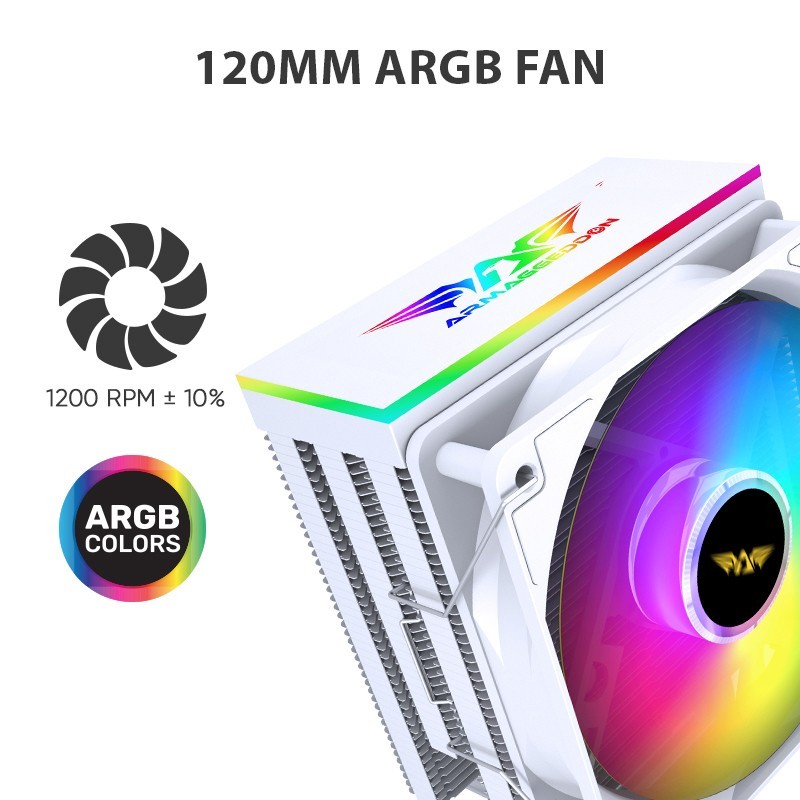 ARMAGGEDDON ARGB SILENT 12CM CPU COOLING FAN 6 HEAT PIPES WHITE