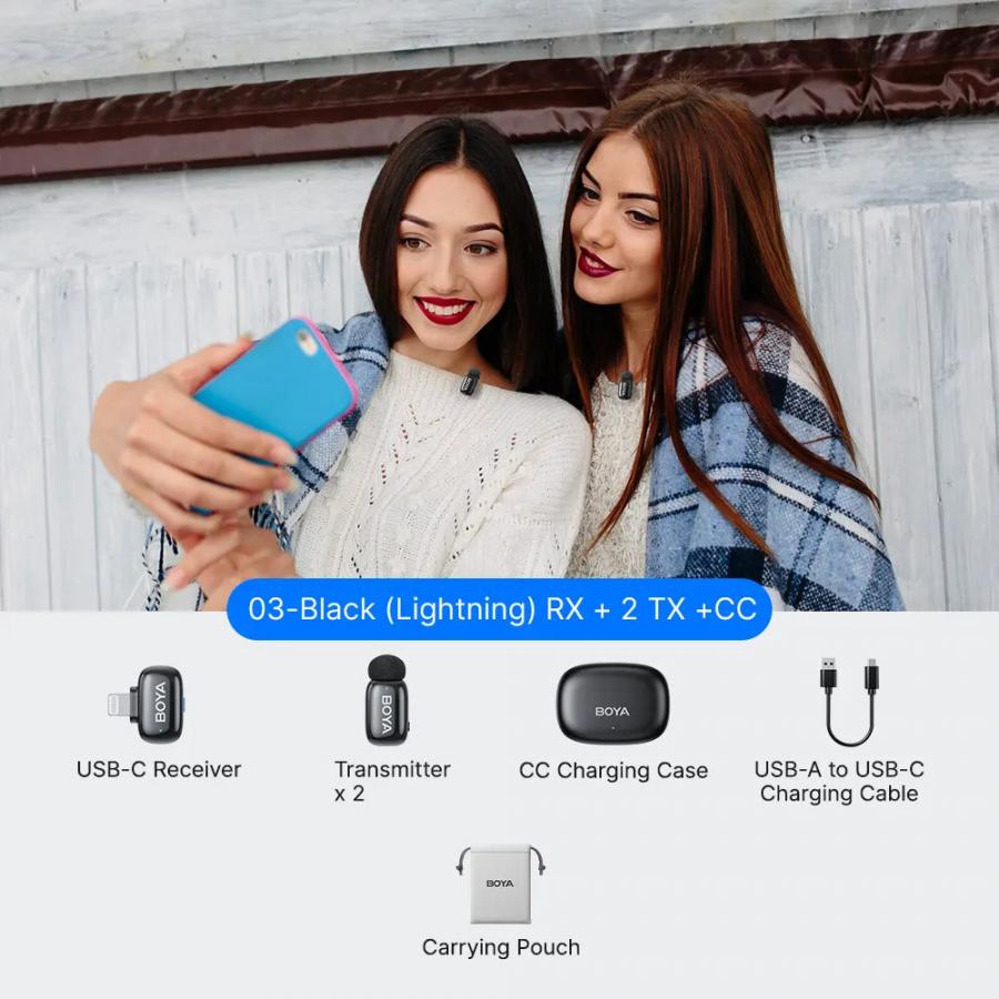 BOYA mini 2 iPhone Lightning - 2,4GHz 2mic Wireless AI-ANC Mic w. Charging Box Mono/stereo/safety-tr