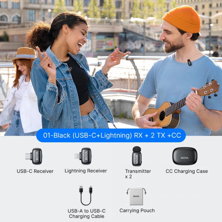 BOYA mini 2 Lightning & Type-C - 2,4GHz 2mic Wireless AI-ANC Mic w. Charging Box Mono/stereo/safety-