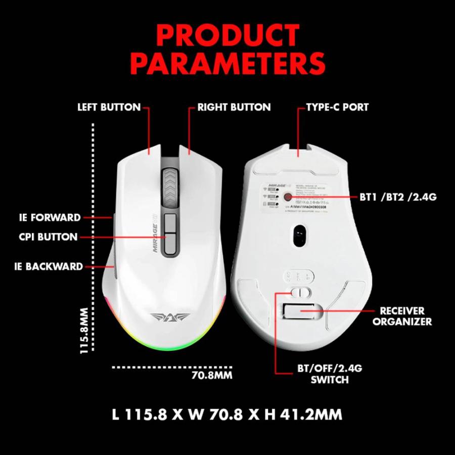 ARMAGGEDDON TRI-MODE GAMING MOUSE 10000CPI MIRAGE VII WHITE