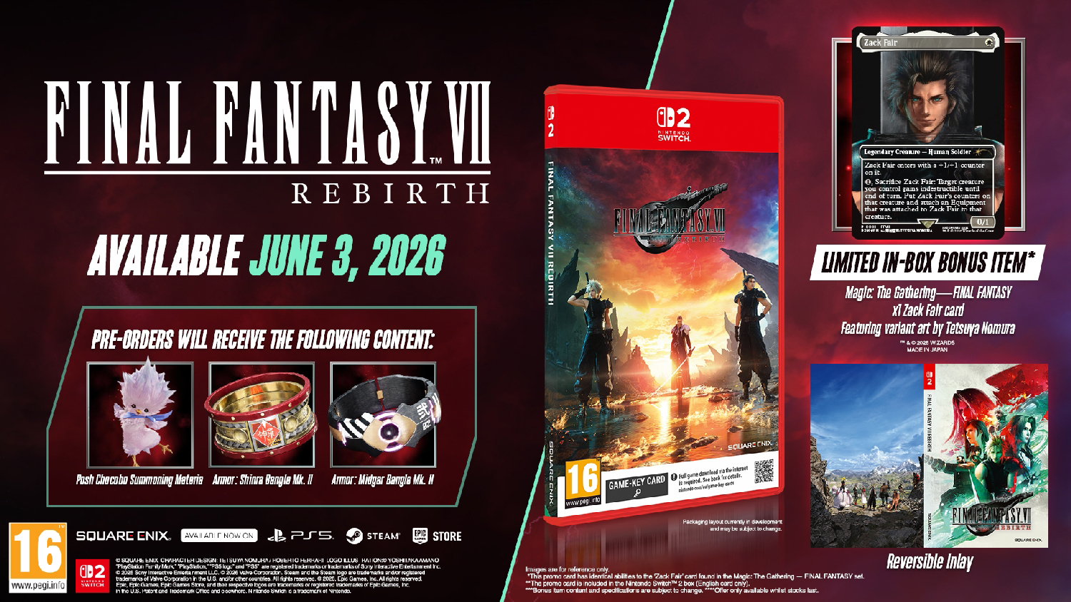 Final Fantasy VII Rebirth Nintendo Switch 2 NEW + EXCLUSIVE MAGIC THE GATHERING - FINAL FANTASY PROMO CARD) (GAME-KEY CARD