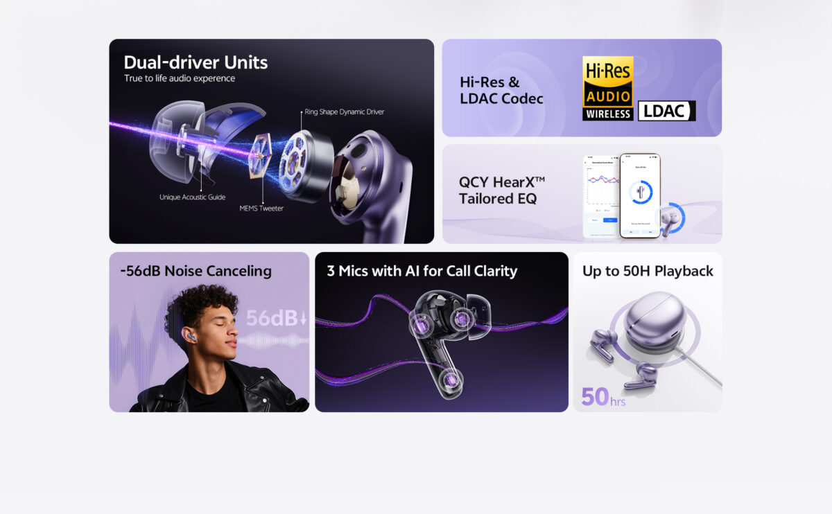 QCY Melobuds N70 ANC Purple - 55db ANC TWS Flagship Hi-Res Earbuds LDAC BT 6.0 IPX5 Wireless charge