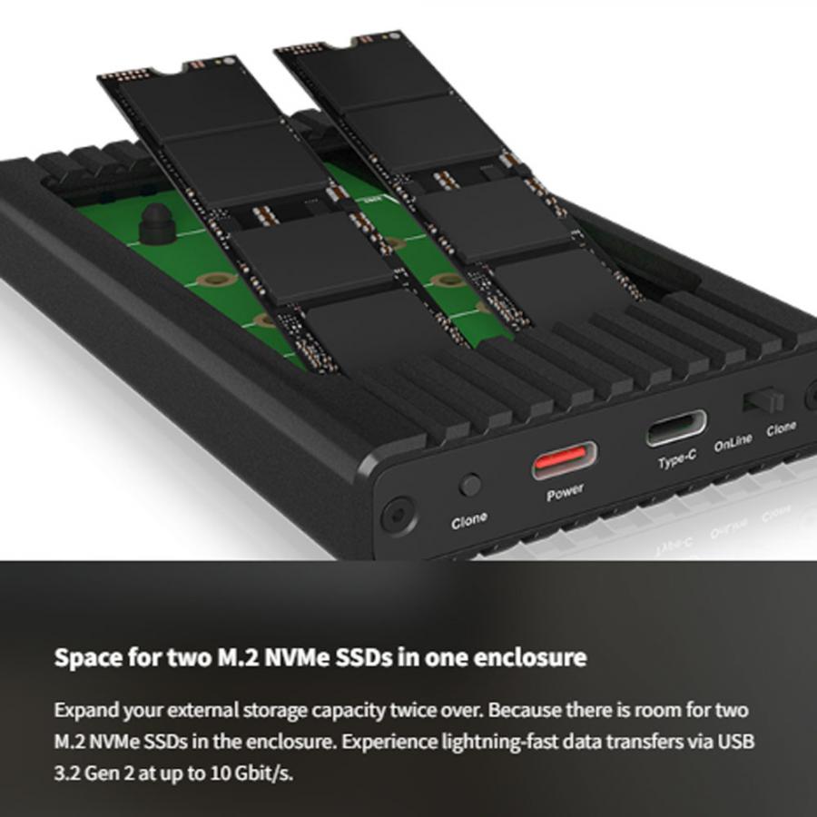 ICY BOX DUAL NVMe SSD ENCLOSURE WITH CLONE FUNCTION AND USB TO TYPE-C CABLE BLACK
