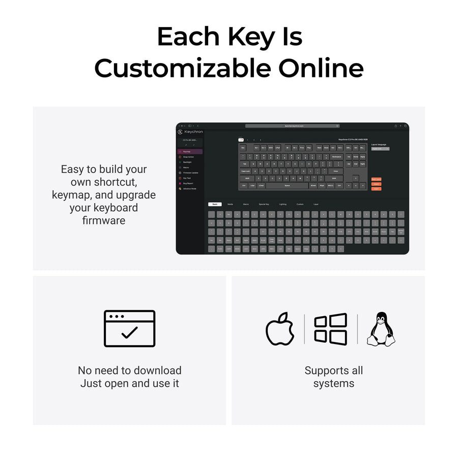 Keychron C3 Pro (C3PX-H3) QMK/VIA Mechanical Brown Switch - 8K Polling Rate Hot Swap. 80% US RGB