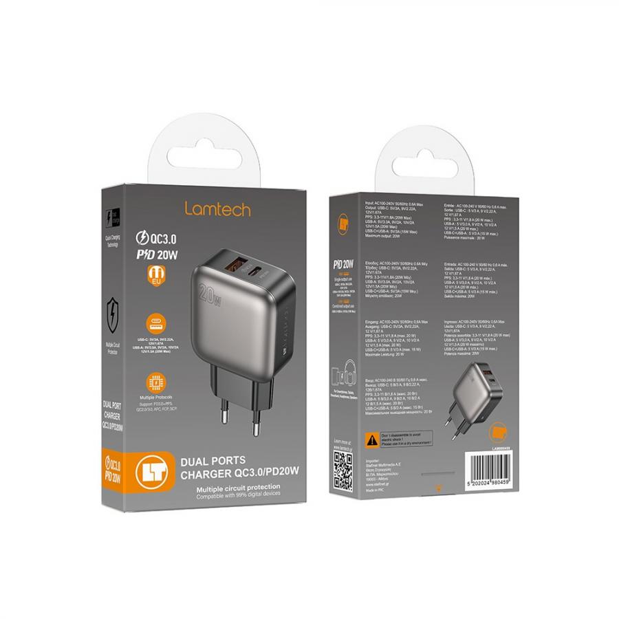 LAMTECH DUAL PORT QC3.0 CHARGER PD20W GREY