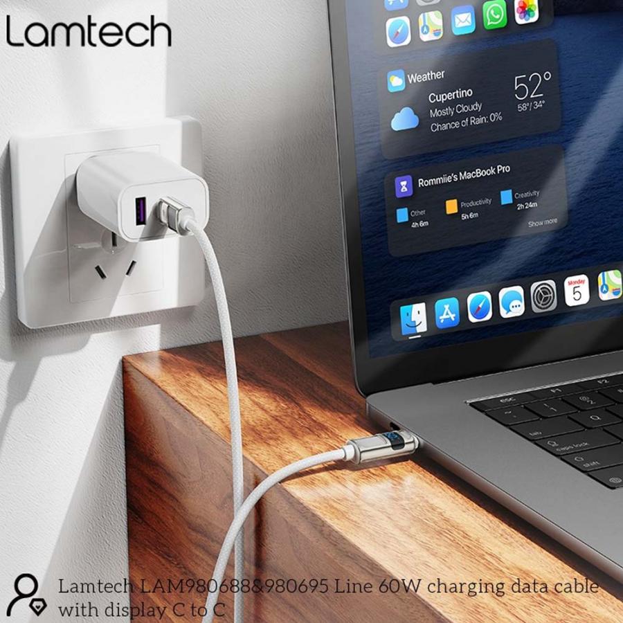LAMTECH TYPE-C TO TYPE-C 3A HIGH POWER DISPLAY CHARGE & DATA CABLE 60W 1.2M WHITE
