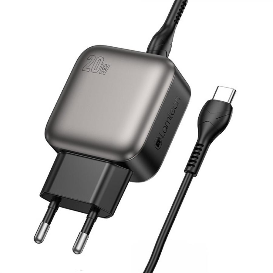 LAMTECH DUAL PORT QC3.0 CHARGER SET PD20W WITH TYPE-C TO TYPE-C CABLE 1M GREY